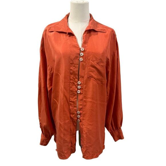 Hype Tops - Vintage HYPE 100% Silk Button-Up Blouse Women Small Burnt Orange Long Sleeve